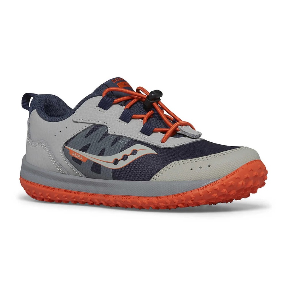 NEW Saucony Aura KDZ Boys Gray Orange Navy Sneakers Shoes Toggle Lace 1.5 Wide